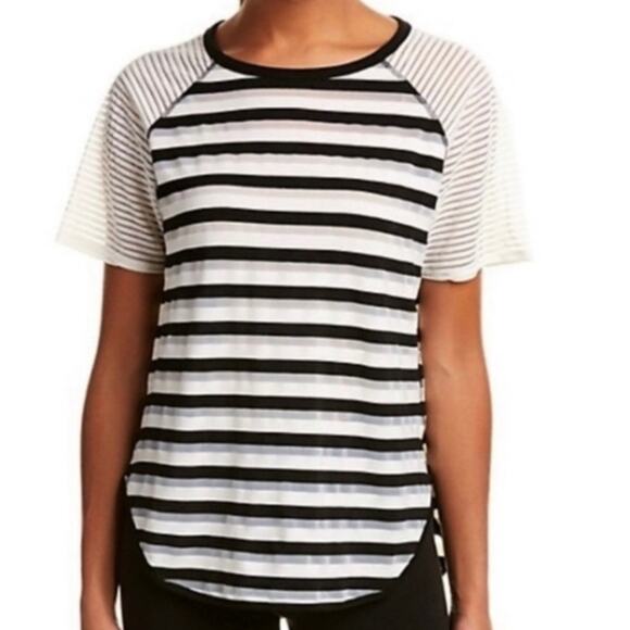DEREK LAM 1OC ATHLETA Stripe Sheer Raglan Sleeve Shirt Black White Small - Picture 7 of 7